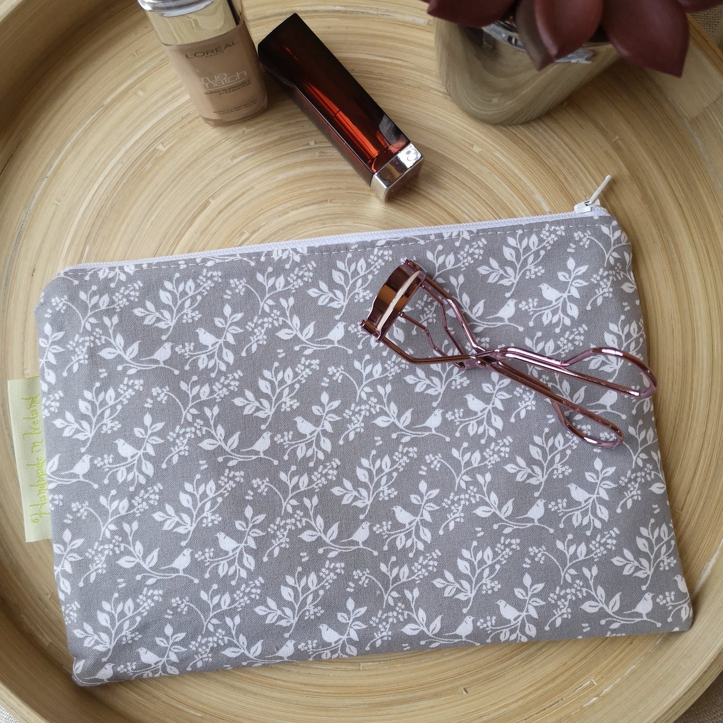 Grey and White Floral Makeup Bag