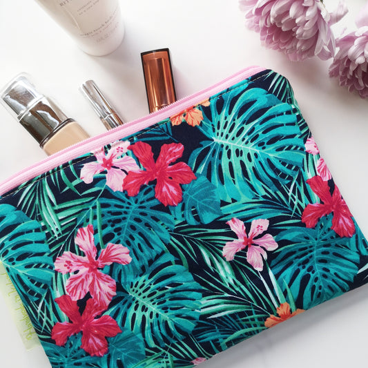 Green Tropical Floral Makeup Bag