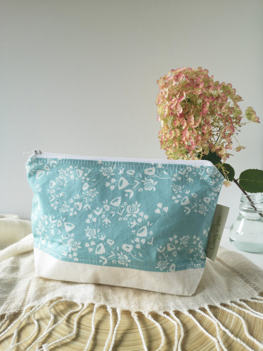 Blue and white floral makeup bag