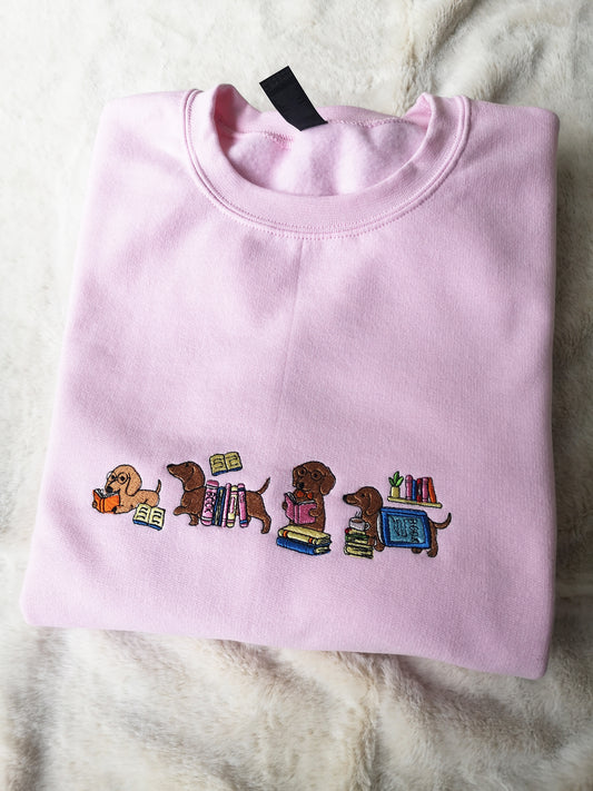 Dachshund Reading Books Embroidered Sweatshirt