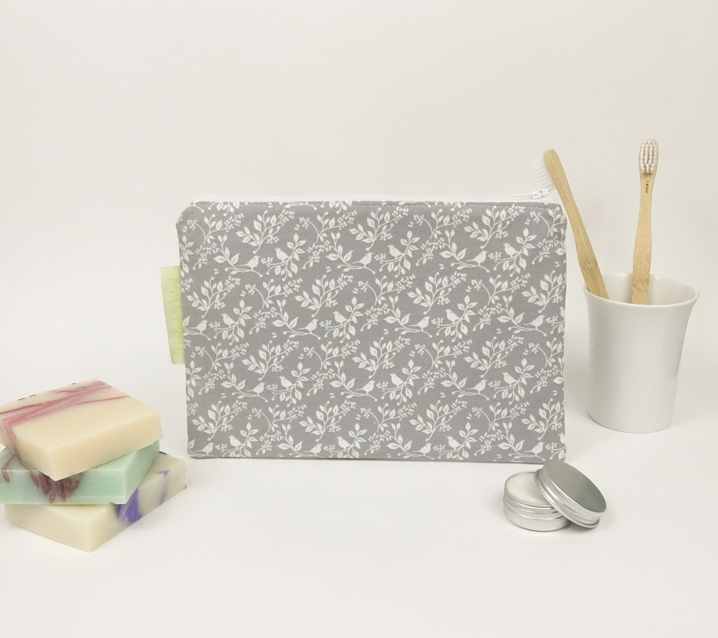 Grey and White Floral Makeup Bag