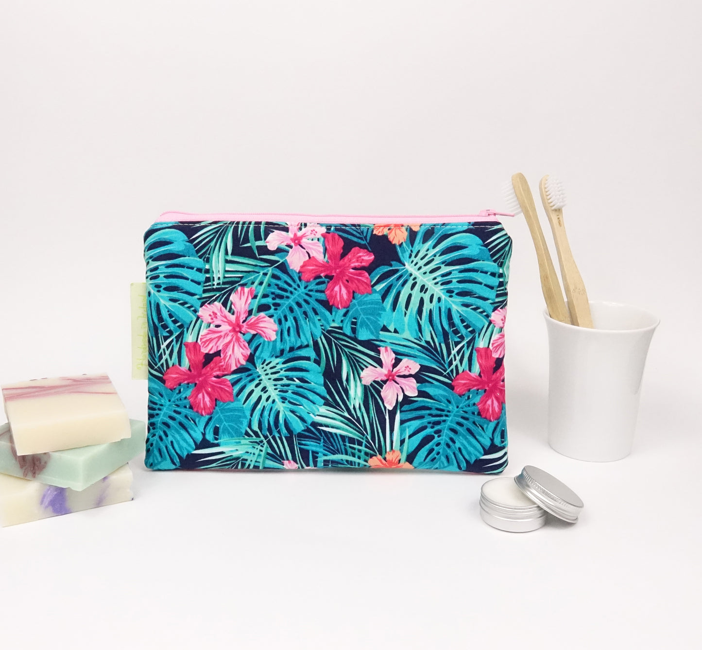 Green Tropical Floral Makeup Bag