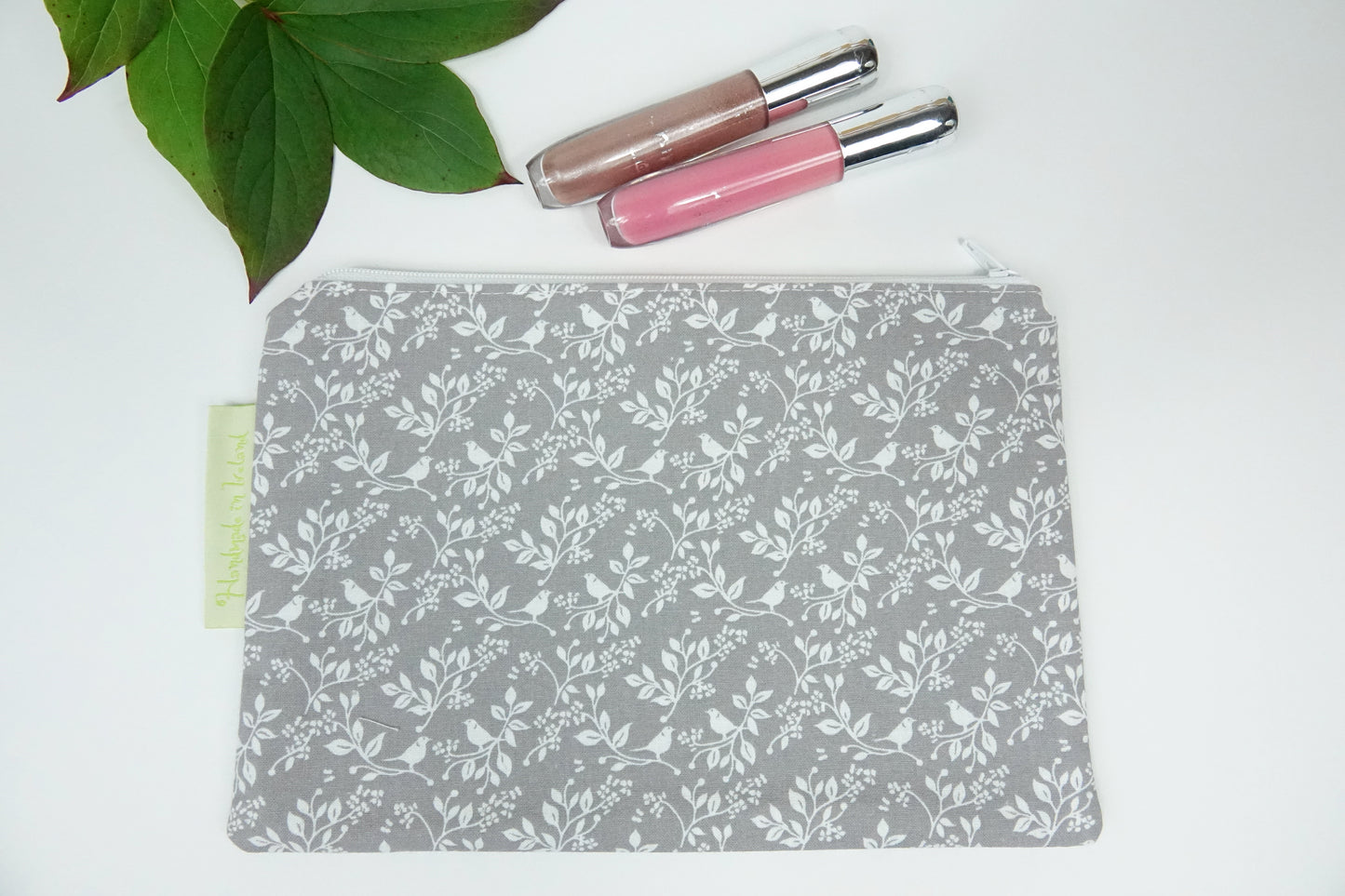 Grey and White Floral Makeup Bag