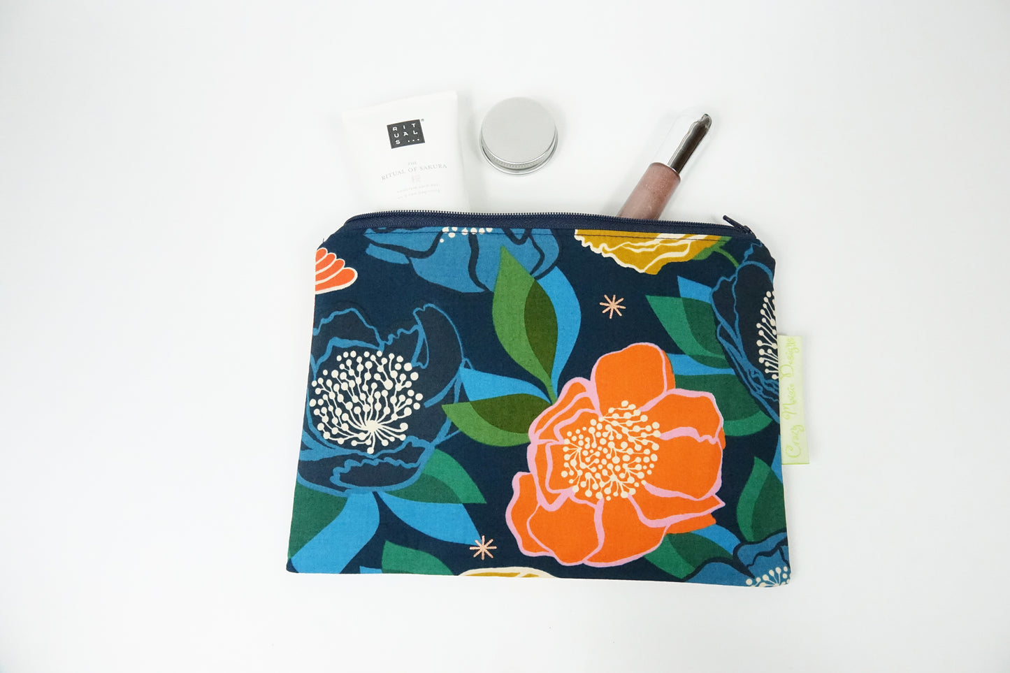 Navy Floral Makeup Bag